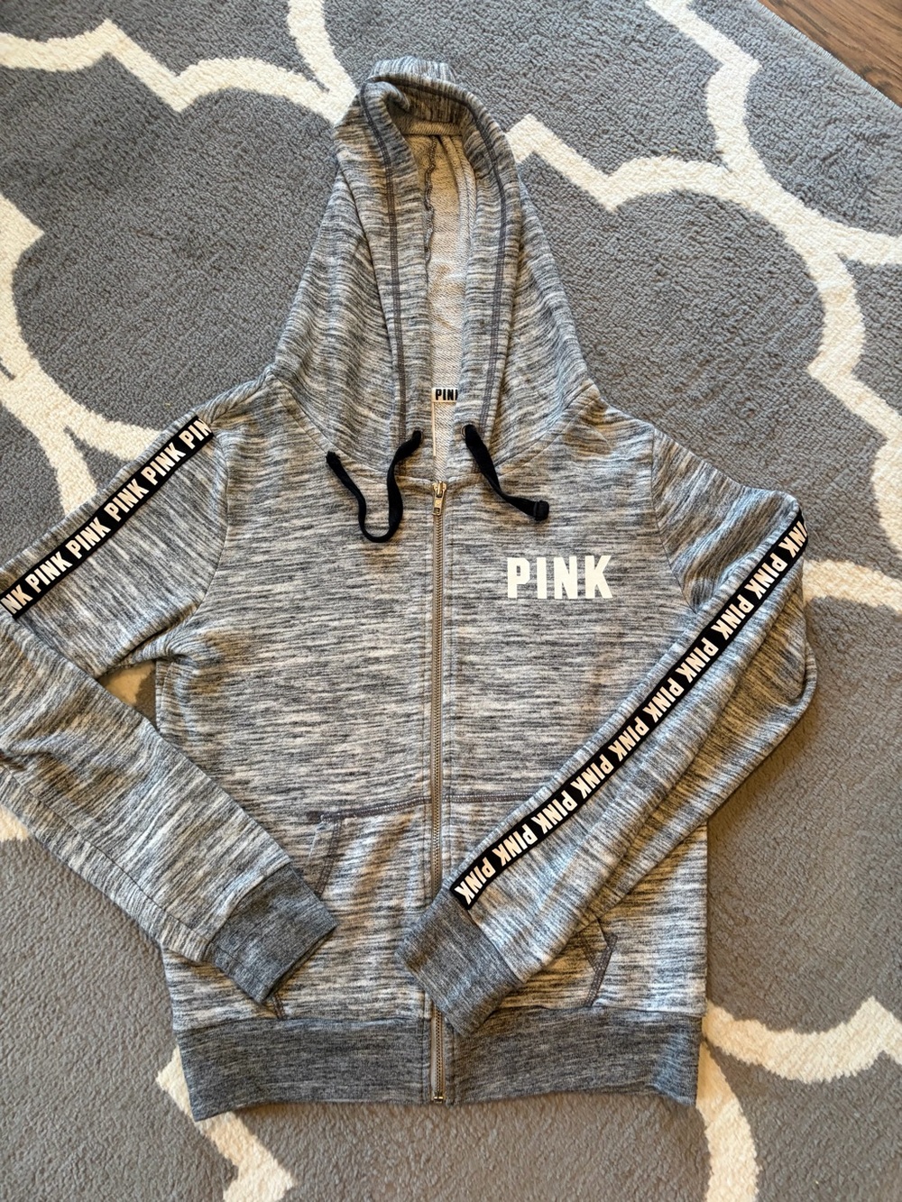 Victoria's Secret PINK Heather Gray Full-Zip Hoodie with Black Trim